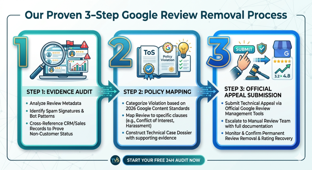 Infographic showing the process of removing negative Google reviews via policy disputes