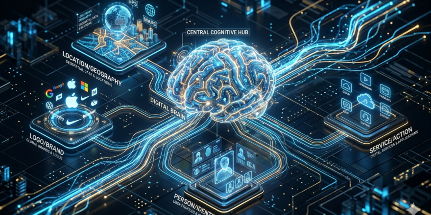 Conceptual illustration of a GEO-Ready Entities showing structured data nodes for AI search optimization