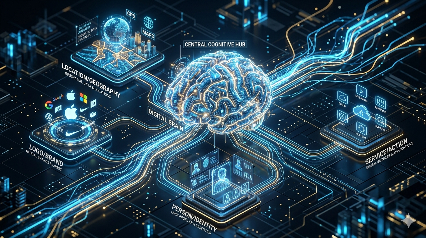 Conceptual illustration of a GEO-Ready Entities showing structured data nodes for AI search optimization