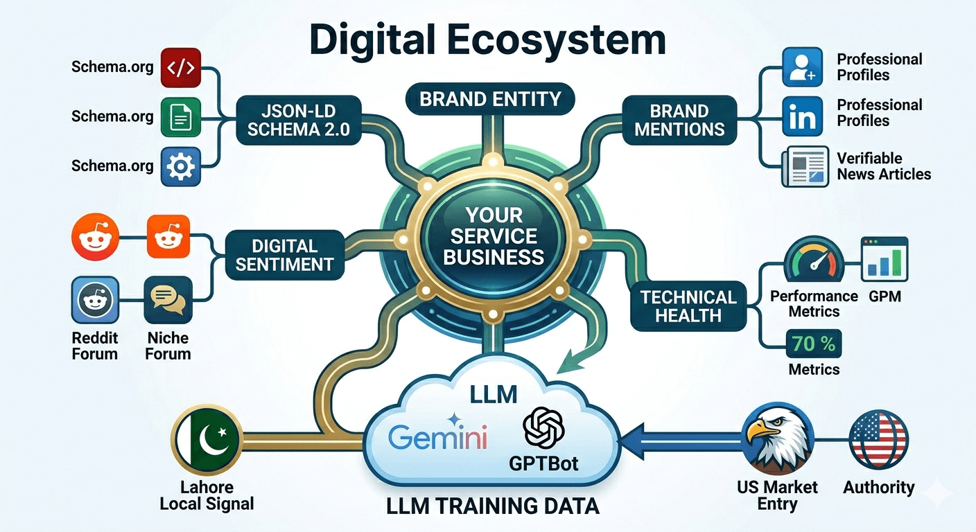 GEO strategy ecosystem diagram showing how a brand entity (service business) connects JSON-LD schema, professional mentions, digital sentiment, and technical accessibility signals for AI citation