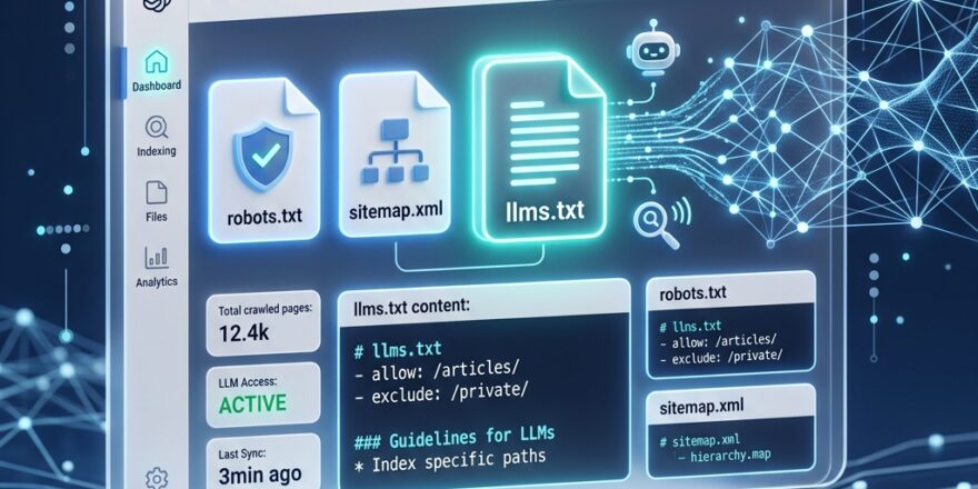 Illustration of an llms.txt file helping AI models understand website content for better AI search visibility.