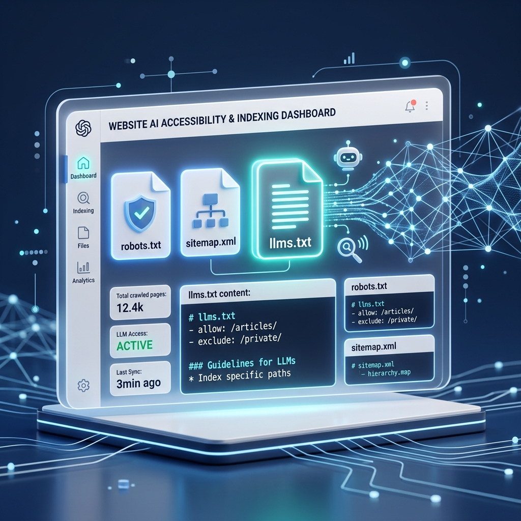 Illustration of an llms.txt file helping AI models understand website content for better AI search visibility.
