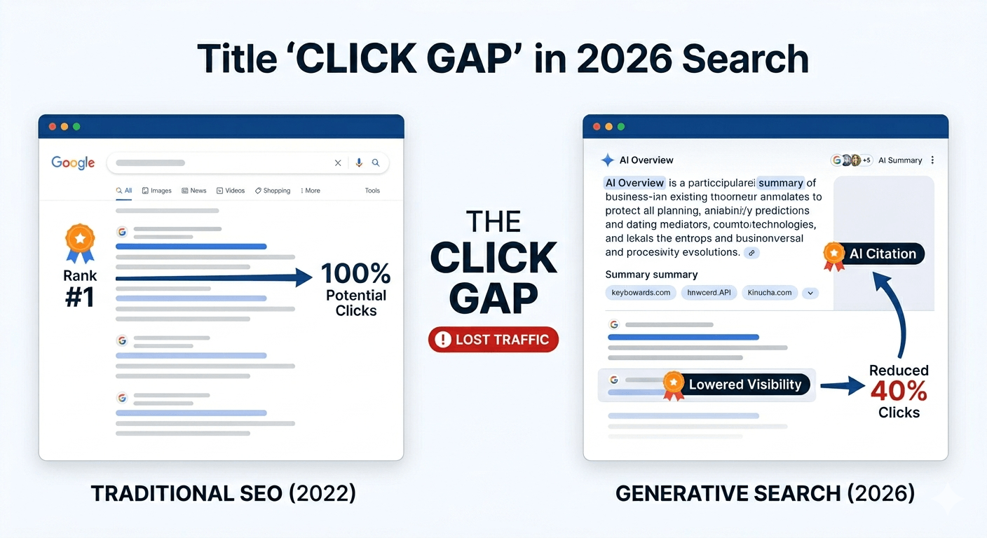 Infographic diagram comparing traditional SEO click-through rates from 2022 to the 2026 Click Gap caused by AI Overviews and generative search results