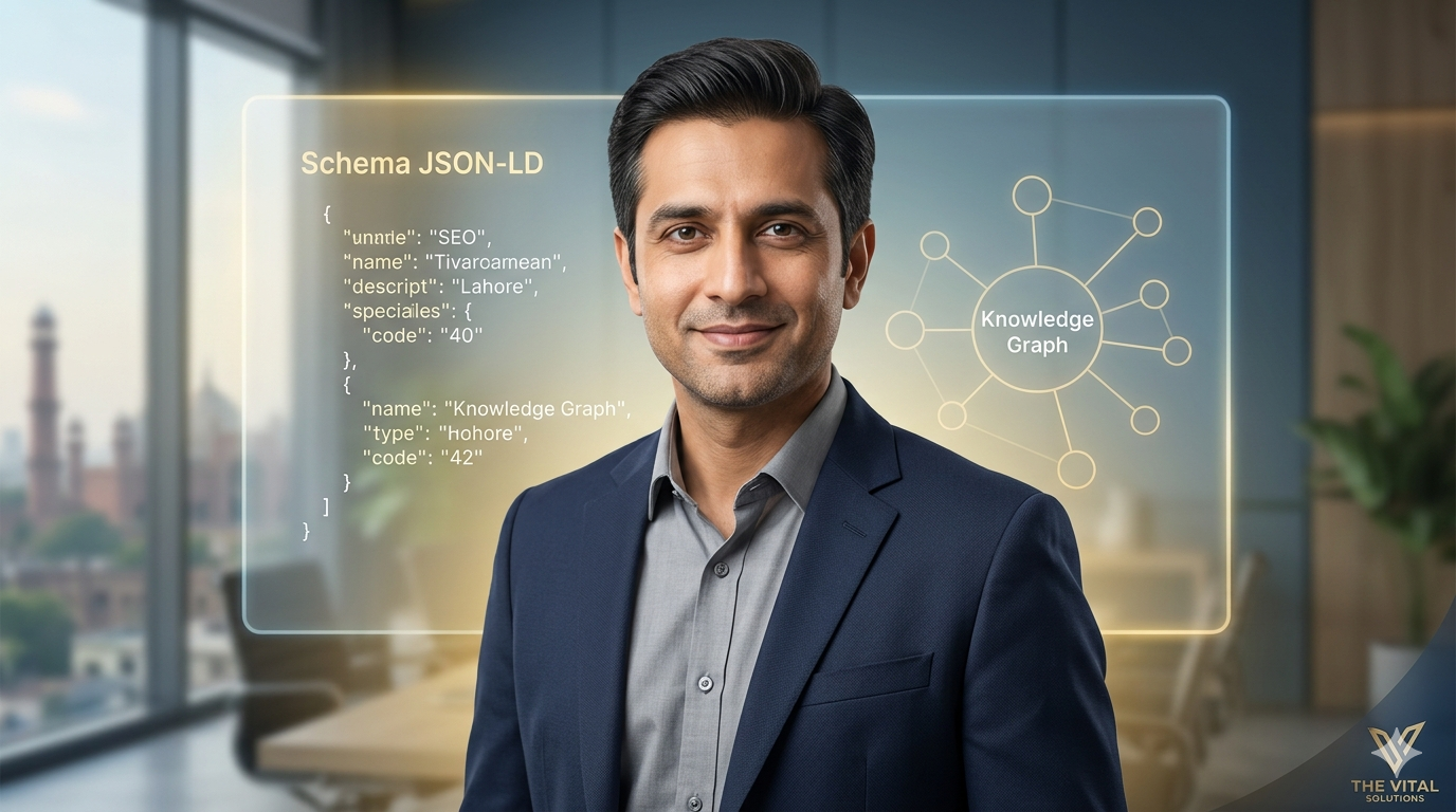 Professional portrait of an AI SEO and GEO Specialist at The Vital Solutions, a 2026 technical agency providing entity-based optimization audits for US and Pakistan businesses