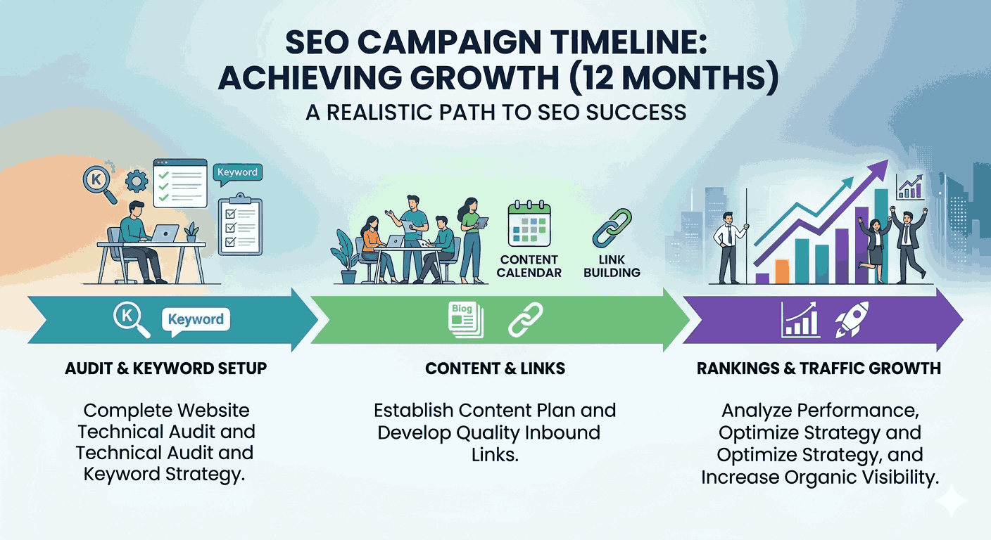 SEO campaign timeline infographic showing a 12-month road map for website audit, content creation, link building, and organic traffic growth.