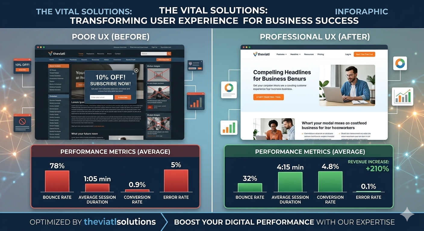 A side-by-side comparison for theviatlsolutions illustrating the difference between Poor UX and Professional UX. The "Poor UX" side displays a cluttered, low-conversion interface with a high bounce rate, while the "Professional UX" side showcases a sleek, high-performing design with improved conversion metrics and better user engagement.