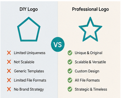 Comparison of DIY vs Professional logo design highlighting quality, uniqueness and value