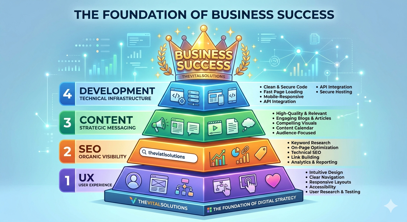 A professional infographic for theviatlsolutions featuring a 3D pyramid that illustrates the key layers of digital growth. From the base upward, the layers are labeled Development, SEO, Content, and UX, all supporting a golden peak titled "Business Success."