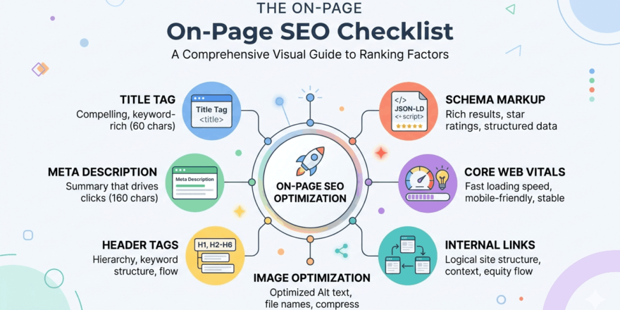 On poage seo checlist infographic diagram showing essential search engine optimization tasks like title tags, meta descriptions, H1 headings, image optimization, schema markup, Core Web Vitals, and internal linking.