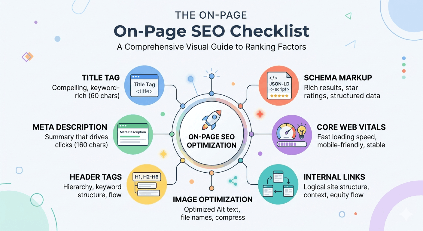 On poage seo checlist infographic diagram showing essential search engine optimization tasks like title tags, meta descriptions, H1 headings, image optimization, schema markup, Core Web Vitals, and internal linking.