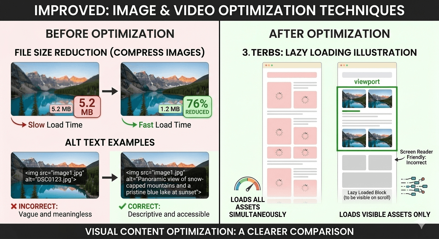 On-page SEO checklist infographic by tvs illustrating image and video optimization tips including WebP image file compression, correct vs incorrect alt text examples, and a lazy loading illustration over a clean light background.