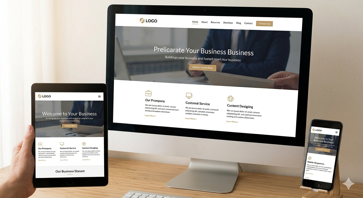 A professional 3D mockup demonstrating a responsive website for Thevitalsolutions across a desktop monitor, a tablet, and a mobile phone. The website features a sleek, modern corporate layout with a clean aesthetic, emphasizing seamless performance on all devices.