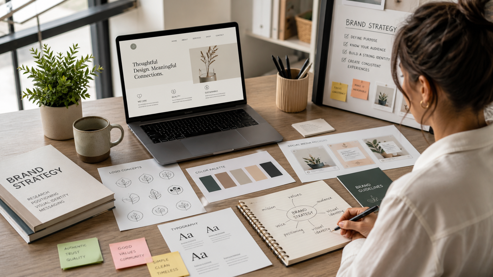 Small business branding strategy with logo design, brand colors, website mockup, and social media content