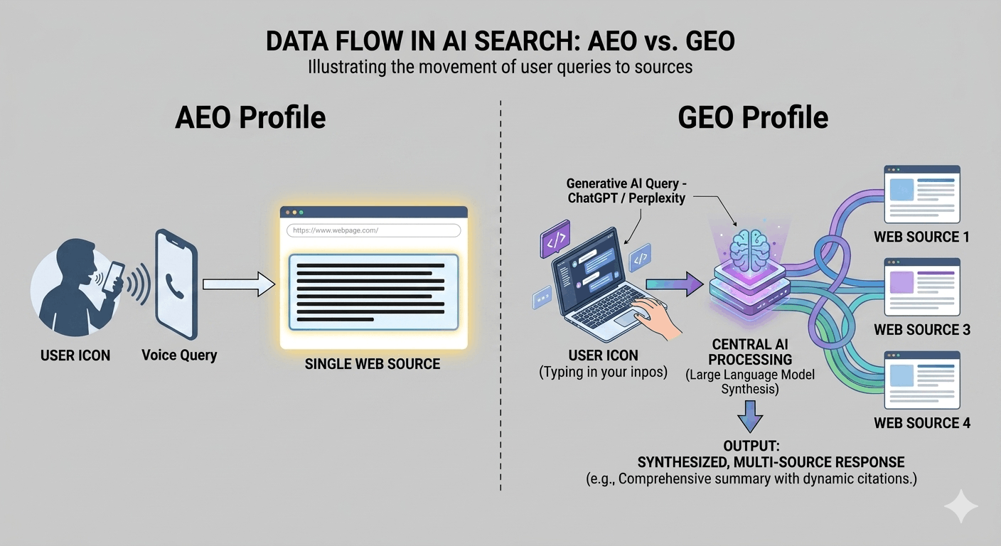 Diagram showing the difference between AEO (Answer Engine Optimization) and GEO (Generative Engine Optimization) in AI search engine marketing.
