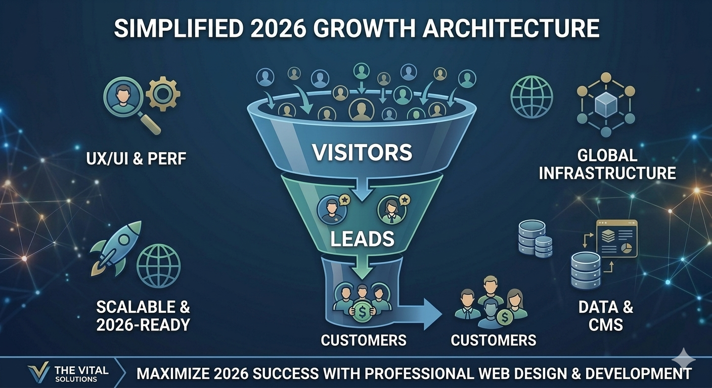 "Professional web design and development services by TheVitalSolutions to maximize 2026 business success, featuring a sleek and modern responsive website layout on a high-end laptop."