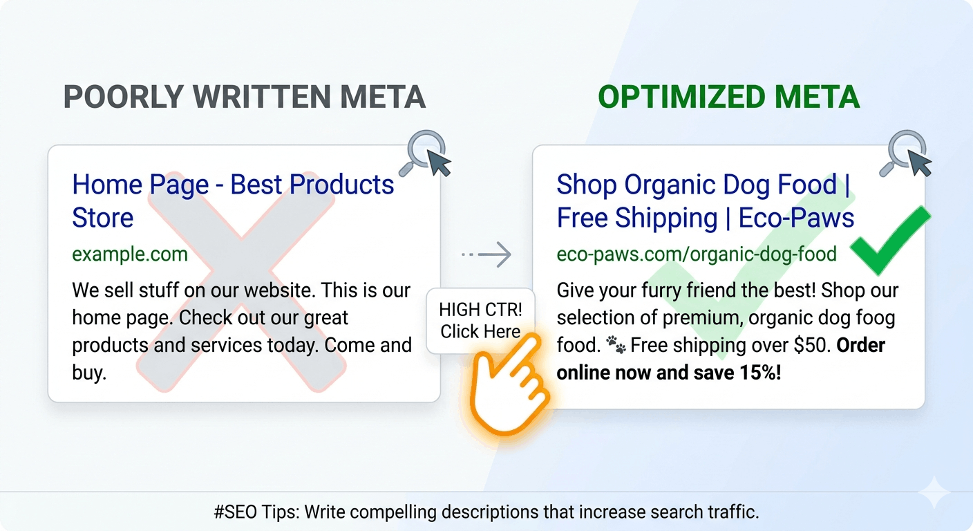 Meta description optimization comparison infographic showcasing a weak search snippet versus a high-CTR optimized meta description template containing keywords and a call to action.