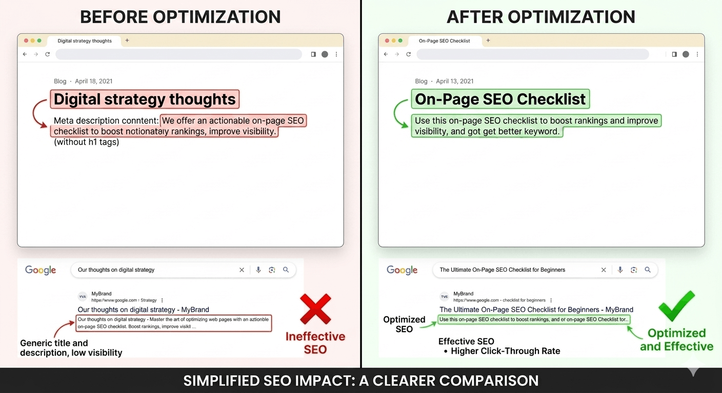 Clean light-themed side-by-side comparison diagram of an on page seo checklist audit by tvs, showcasing a minimalist layout with a clear before and after browser preview.