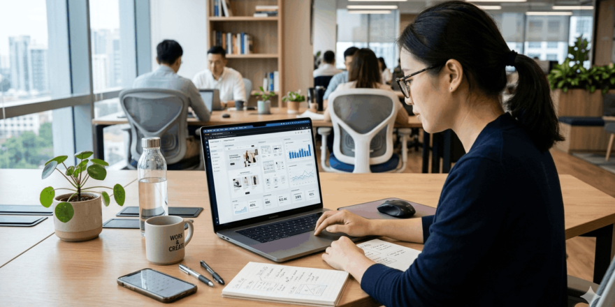 "A modern office desk setup with TVS displays showing web metrics and design prototypes for a growing business."