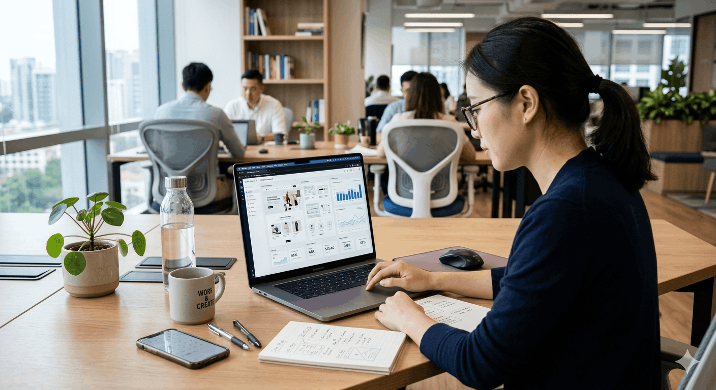 "A modern office desk setup with TVS displays showing web metrics and design prototypes for a growing business."