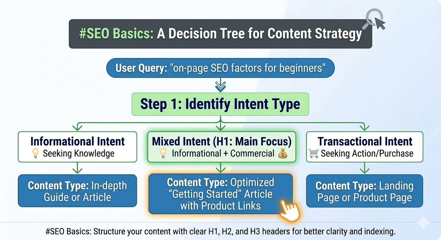 Search intent decision tree flowchart showcasing how to classify website user queries into informational, commercial, or transactional paths for targeted SEO content strategy.