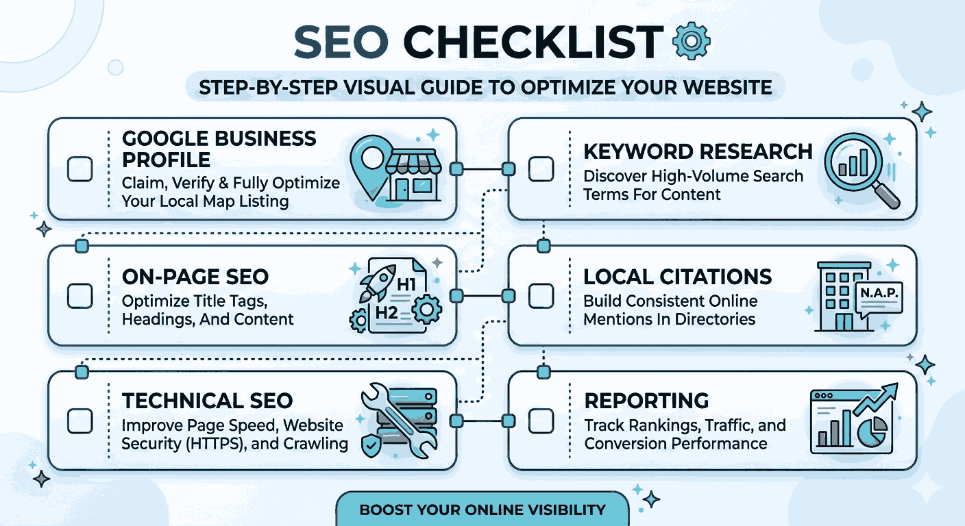 SEO checklist infographic featuring icons for Google Business Profile, keyword research, on-page optimization, local citations, technical fixes, and analytics reporting.