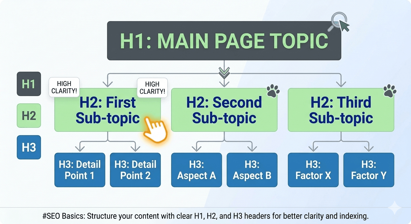 SEO heading tags hierarchy flowchart showing the structural breakdown of H1, H2, and H3 elements to optimize website page layout for search engine visibility.