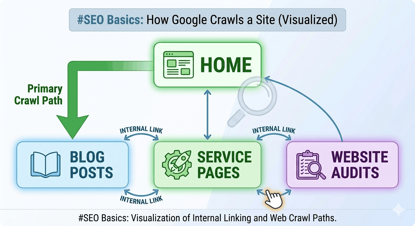 Simplified website structure diagram for SEO internal linking, showcasing crawl flow paths from a homepage down to service pages and blog articles.