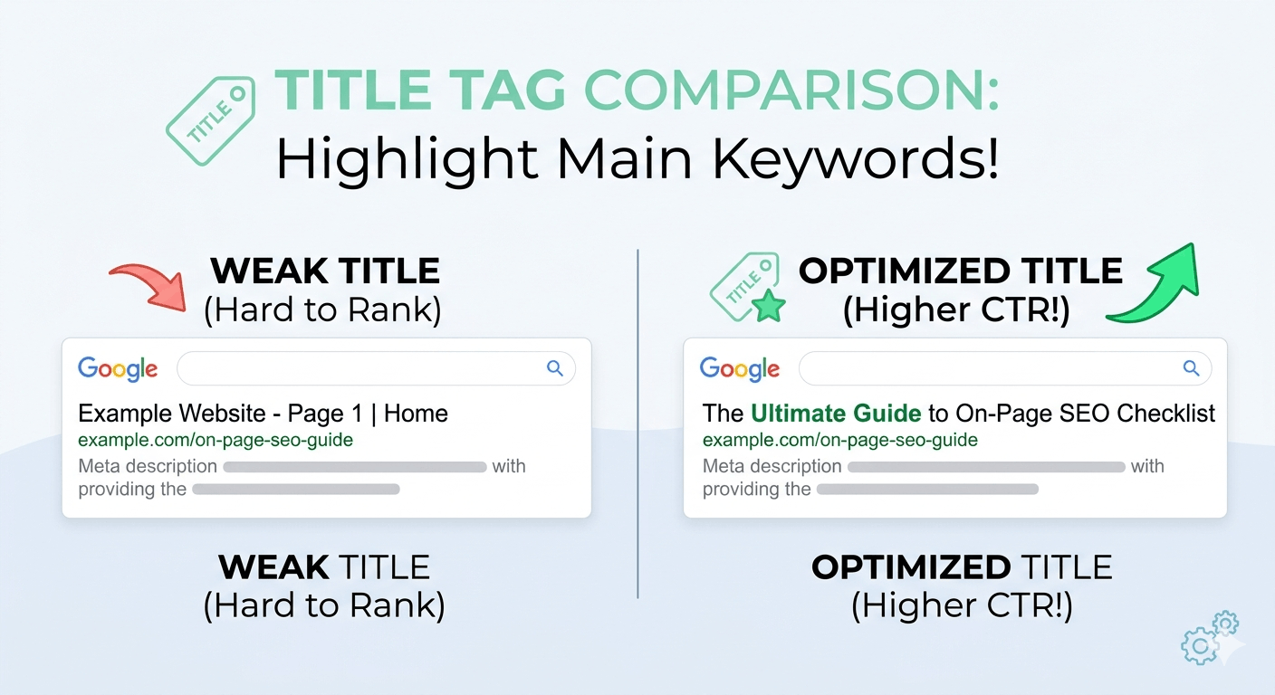 A simple, eye-catching visual marketing guide comparing a weak title tag marked 'hard to rank' with an optimized title tag marked 'higher CTR'. The optimized example visualizes how to highlight the main keyword naturally within a Google SERP snippet preview.