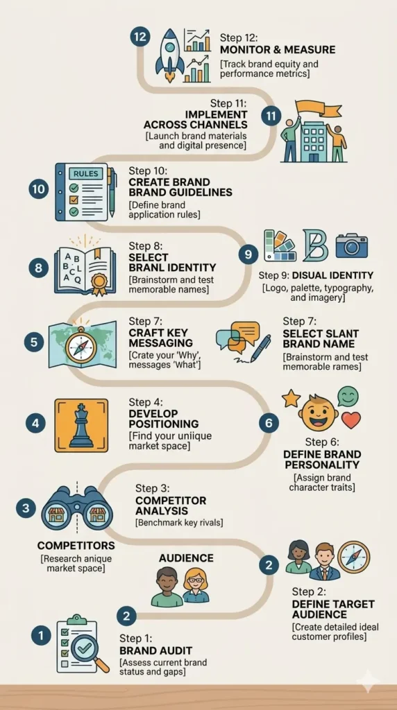 Small business branding roadmap with twelve steps from brand audit and positioning to implementation and measurement.