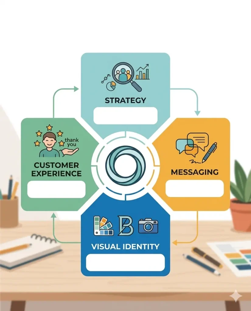 The four connected elements of a complete small business brand.