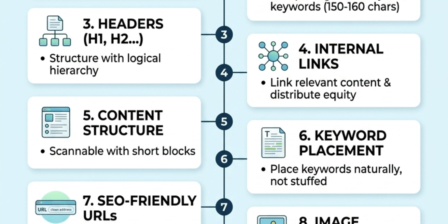 A simple, eye-catching marketing infographic outlining 10 On-Page SEO Factors for Beginners checklist items. Detailed points cover title tags under 60 characters, meta descriptions, logical H1 H2 headers, internal linking, scannable content structure, URL design, and SEO audit tips.