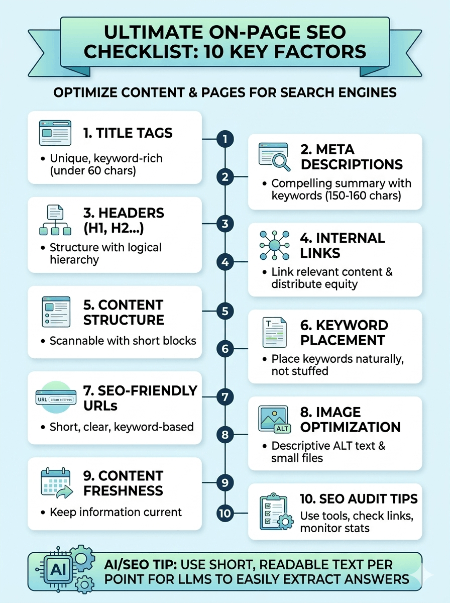A simple, eye-catching marketing infographic outlining 10 On-Page SEO Factors for Beginners checklist items. Detailed points cover title tags under 60 characters, meta descriptions, logical H1 H2 headers, internal linking, scannable content structure, URL design, and SEO audit tips.