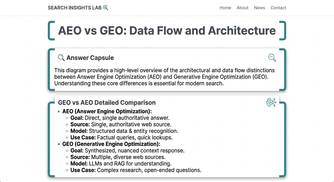 Modern web design framework for AI search optimization featuring structured headings, an answer capsule snippet, and a comparative feature list.