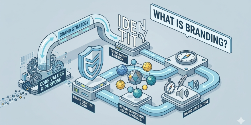 A clean 3D isometric flowchart explaining "What is Branding?" featuring interconnected sections for Brand Strategy, Core Values, Identity, and Voice.