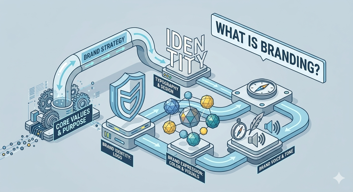 A clean 3D isometric flowchart explaining "What is Branding?" featuring interconnected sections for Brand Strategy, Core Values, Identity, and Voice.