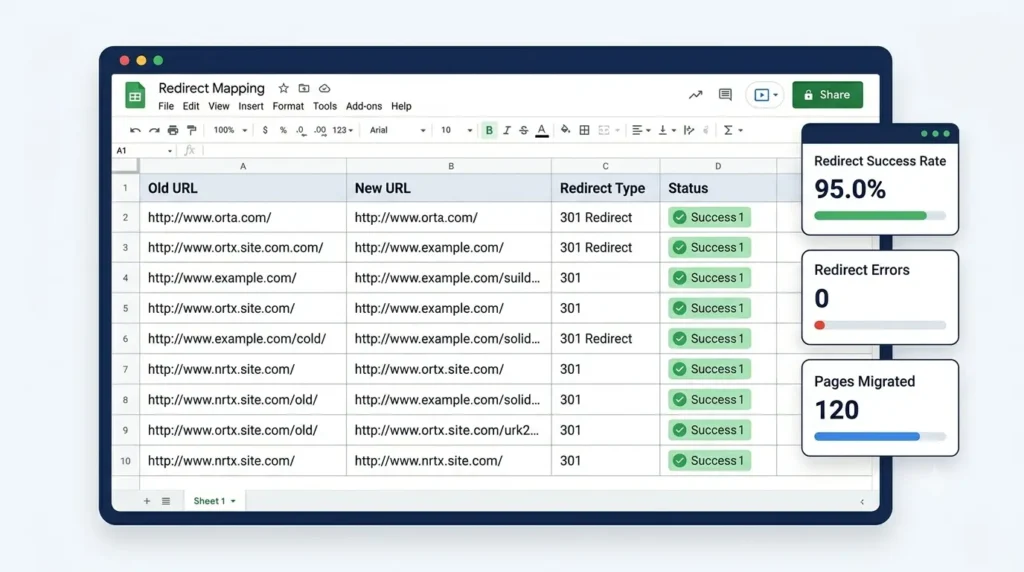 301 redirect mapping example showing old URLs, new URLs, redirect type, and status tracking.