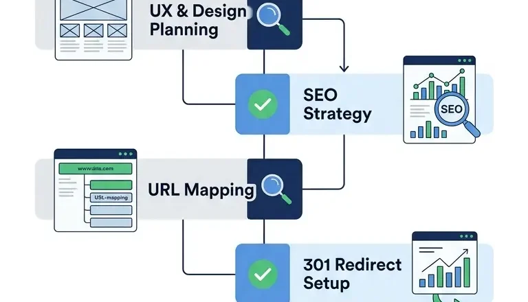 Website redesign checklist covering audit, SEO migration, redirects, testing, launch, and post-launch monitoring.
