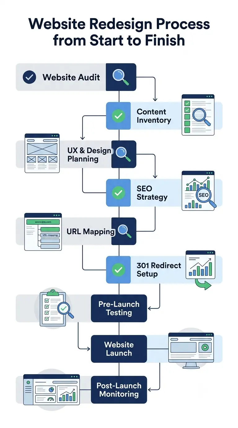 Website redesign checklist covering audit, SEO migration, redirects, testing, launch, and post-launch monitoring.