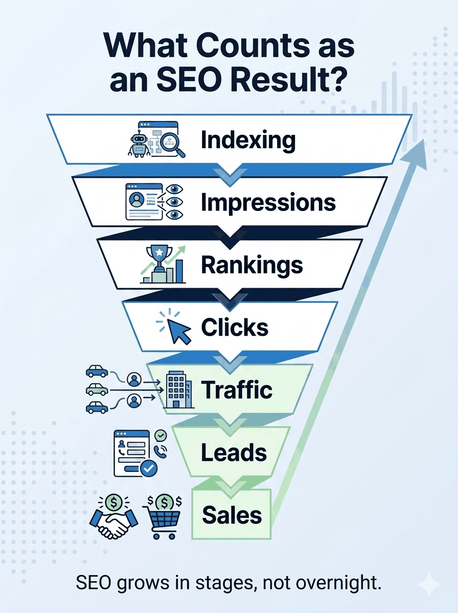 SEO results funnel showing indexing impressions rankings clicks traffic leads and sales