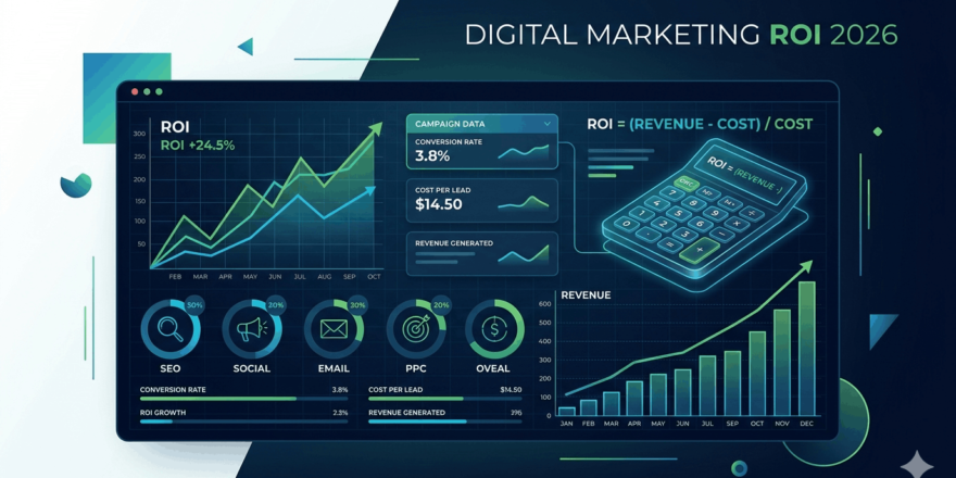 Digital marketing ROI dashboard showing campaign revenue, cost, and return in 2026.