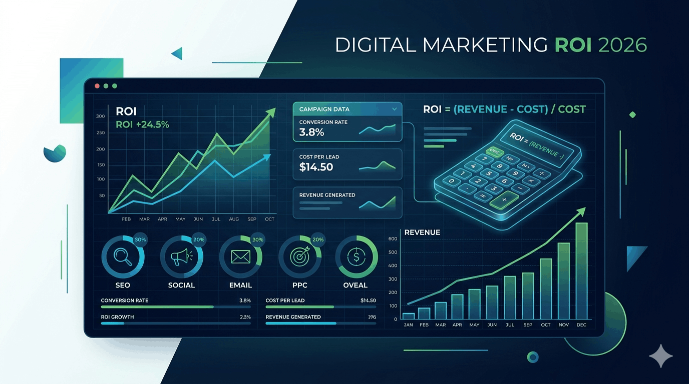 Digital marketing ROI dashboard showing campaign revenue, cost, and return in 2026.