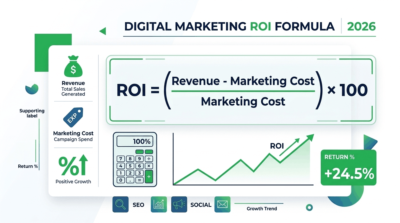 Digital marketing ROI formula showing revenue minus marketing cost divided by marketing cost.