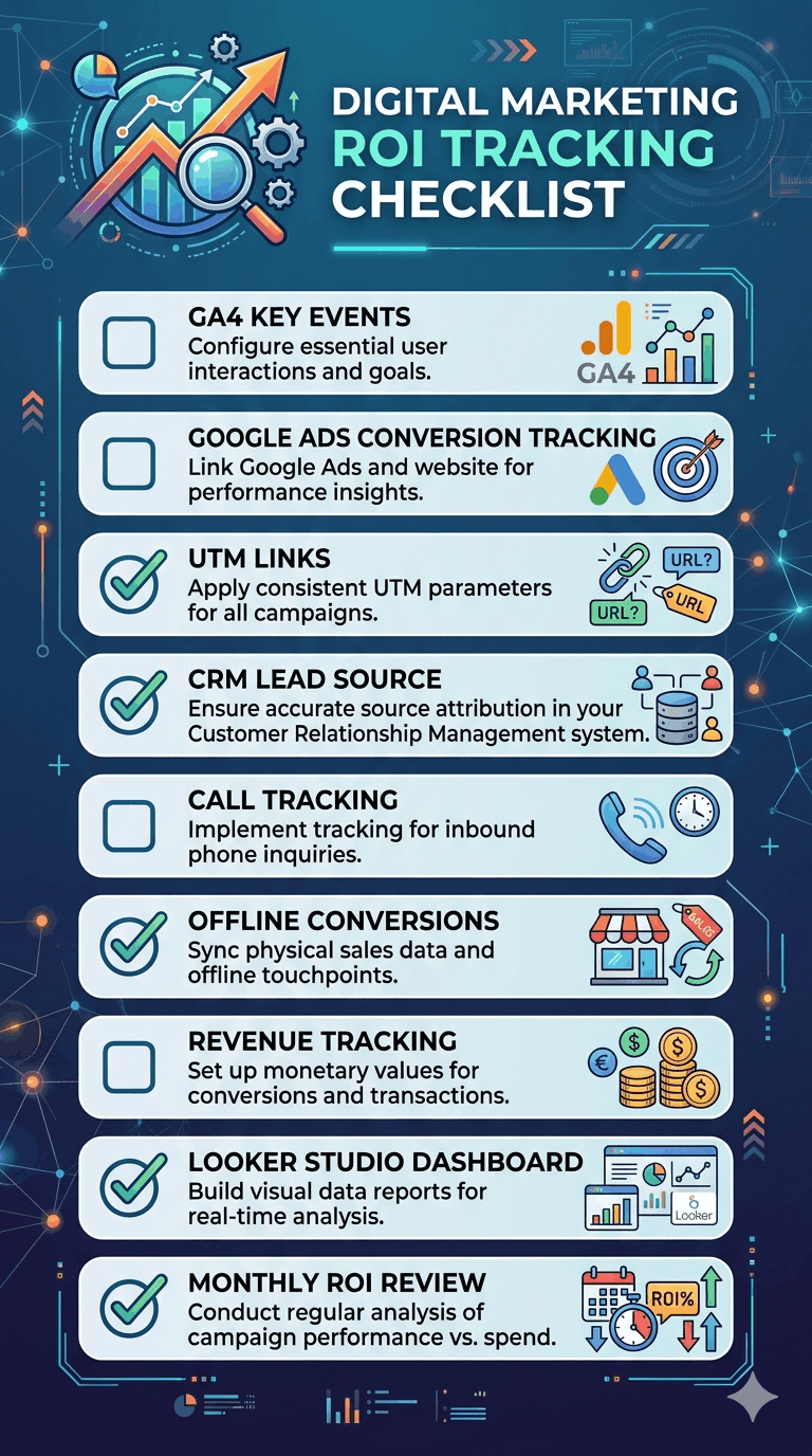 Digital marketing ROI tracking checklist with GA4, UTM links, CRM, call tracking, and dashboard setup.