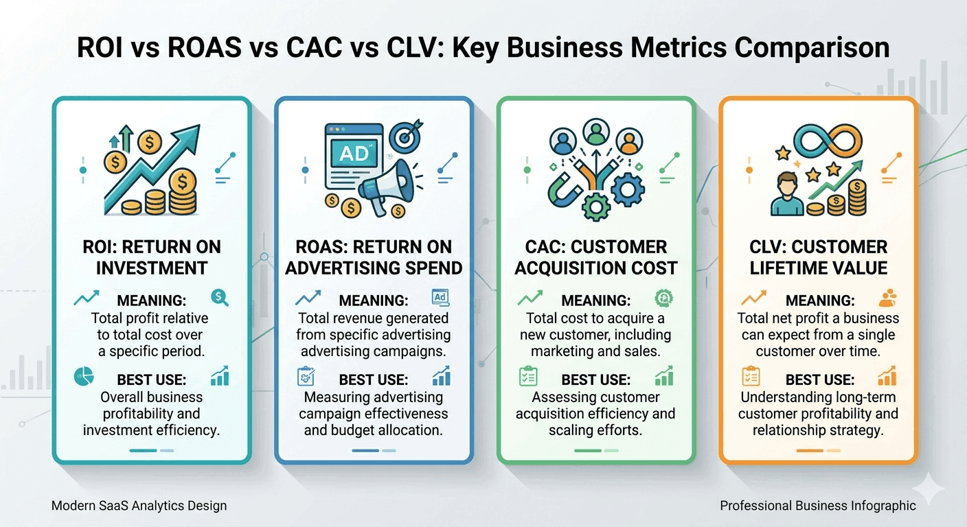 Comparison of ROI, ROAS, CAC, and CLV for digital marketing performance.