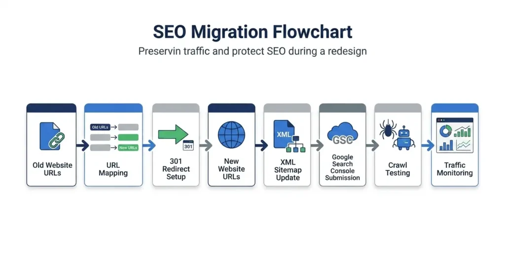 SEO migration process showing URL mapping, redirects, sitemap updates, crawl testing, and launch verification.