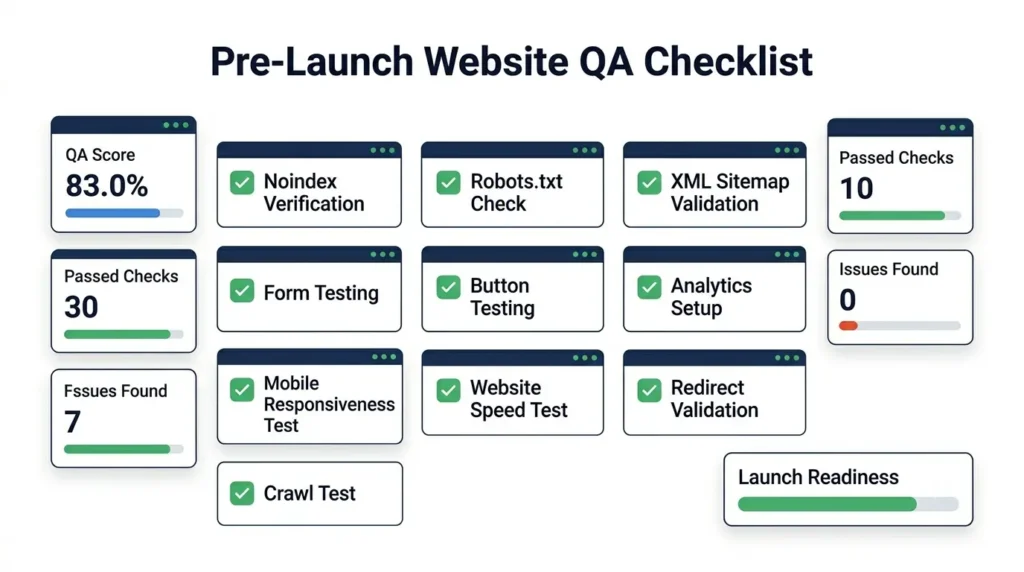 Website redesign pre-launch checklist including noindex checks, sitemap validation, forms testing, and analytics setup.
