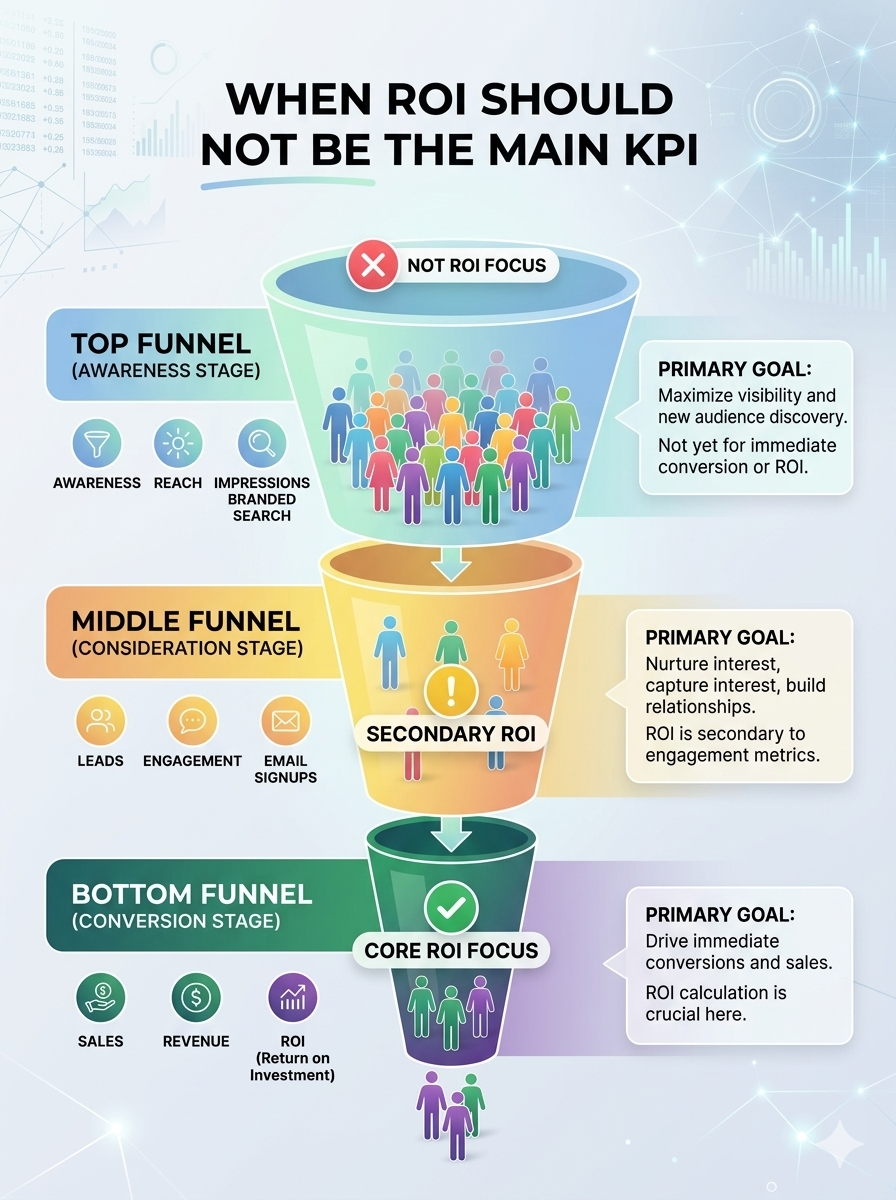 Marketing funnel showing when ROI should and should not be the main KPI.