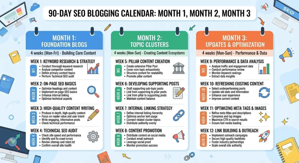 A 90-day blog posting frequency schedule for building SEO traffic with consistent content.
