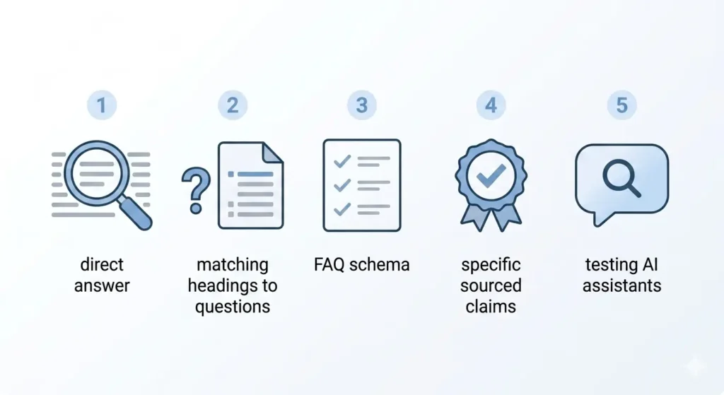 Checklist to get cited in AI Overviews direct answers, matched headings, FAQ schema, sourced claims
