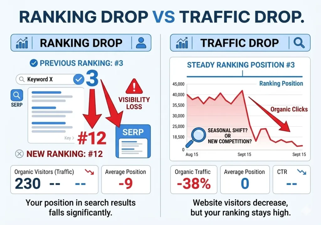 Difference between Google ranking drop and website traffic drop explained with comparison chart
